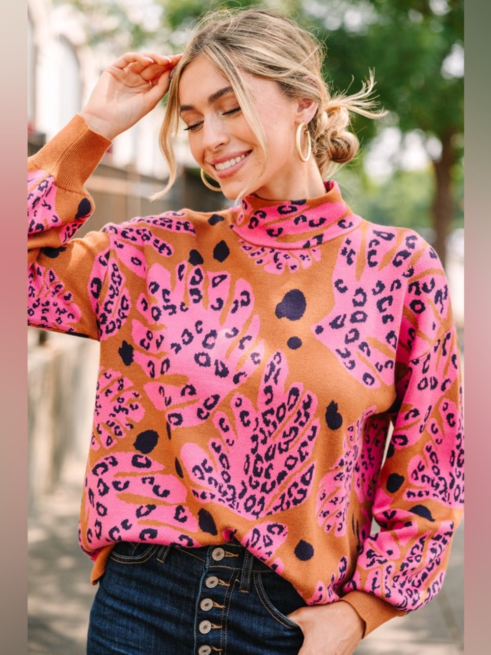 Fate: Dance Around It Camel Brown Mixed Print Sweater